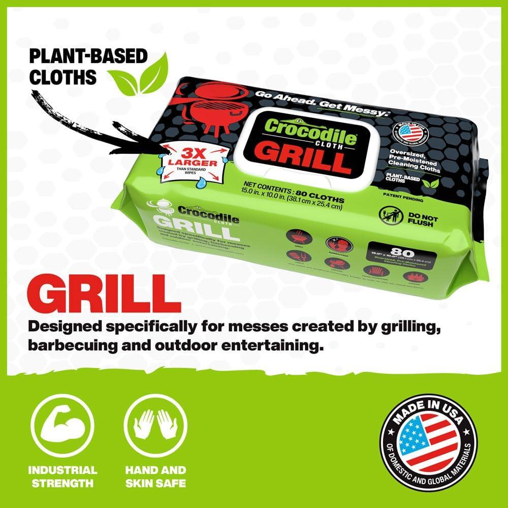 image:imageCrocodile Cloth Grill 80 15 x 10 Plantbased Cleaning Wipes Safe on Skin amp Multiple Surfaces Infused with Aloe amp Vitamin E Large PreMoistened amp Absorbent80 Count Pack of 1