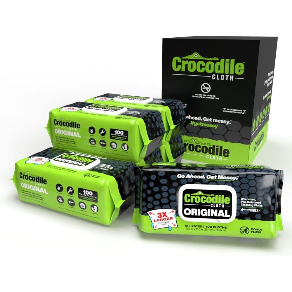 image:imageCrocodile Cloth Original Cleaning Wipes HeavyDuty MultiSurface Hand amp Tool Wipes WaterBased Safe on Skin 100 Count 15 x 10 Inch100Count Pack of 6